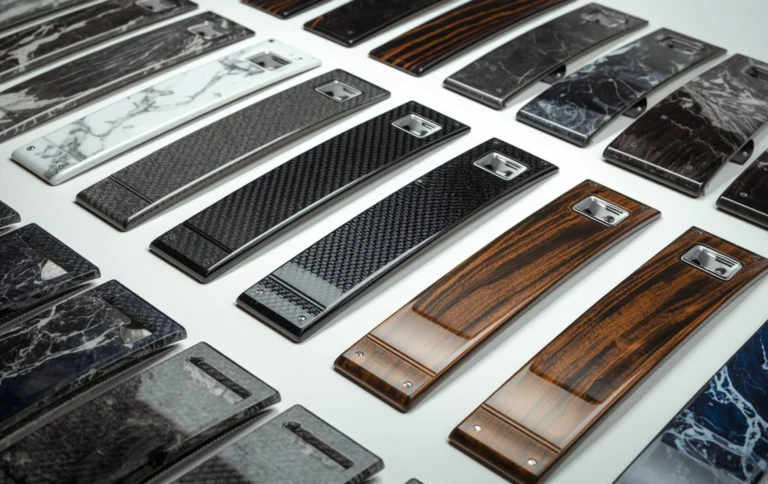 Hydro dipping designs for plastic interior parts including carbon fiber marble and wood grain