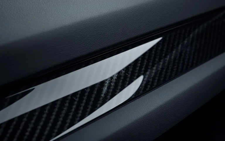 Close up of hydro dipped plastic interior trim with carbon fiber texture and glossy finish