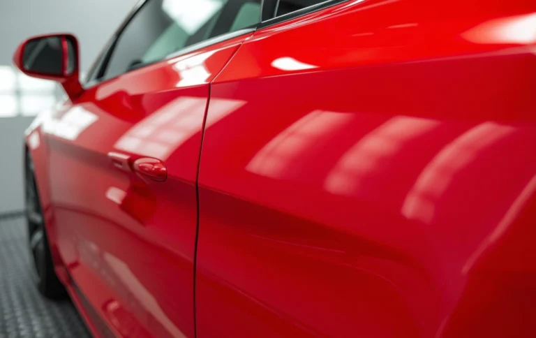 Car panel with smooth glossy paint finish in solid color