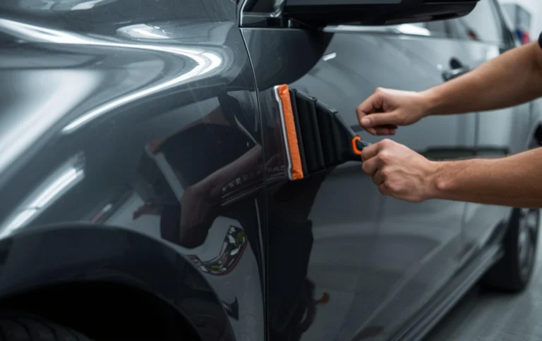 Vinyl wrap application on car panel showing film edges and smooth finish