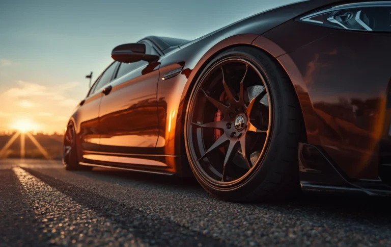 Car with customized hydro dipped alloy wheels on road showing premium styling and road presence