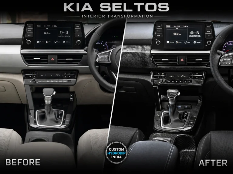 Before and after Kia Seltos hydrodipping interior customization comparison