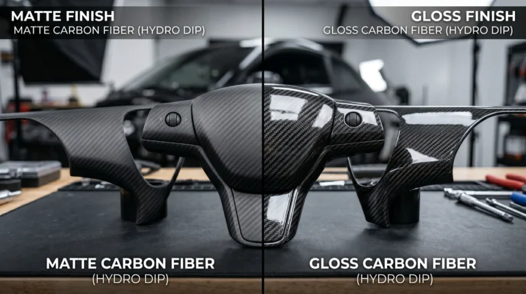 Matte carbon fiber and gloss carbon fiber hydro dipping comparison on dashboard trims and steering wheel components
