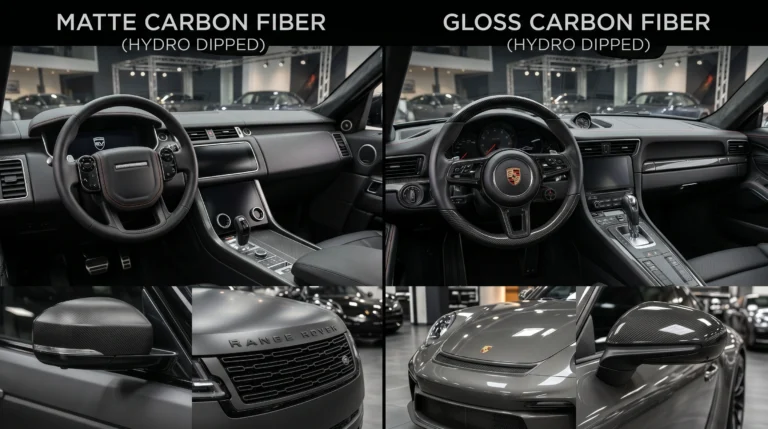 Matte vs gloss hydro dipping comparison featuring carbon fiber dashboard trims, steering wheel accents, mirror covers and premium vehicle customization